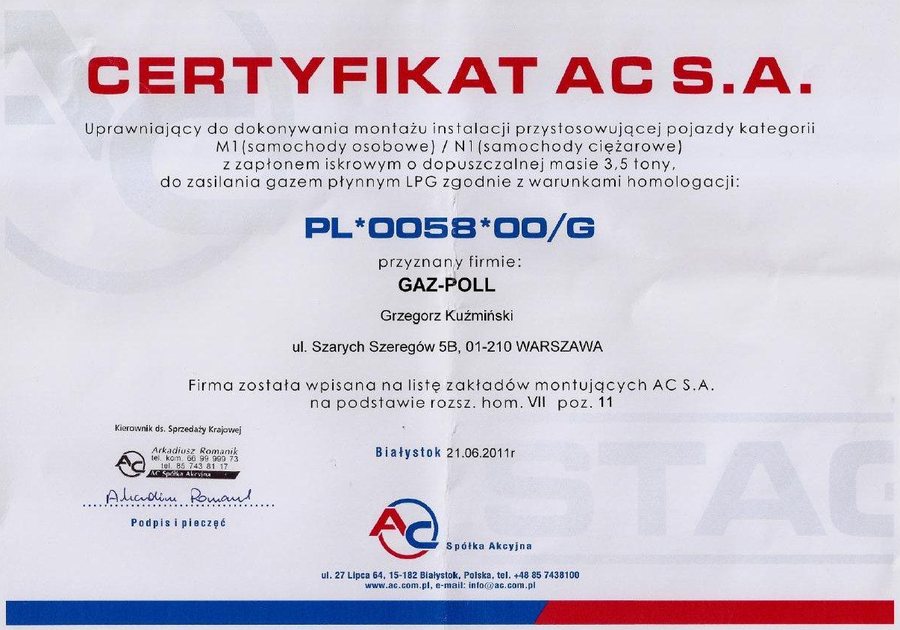 Certyfikat AC s.a., rok 2011